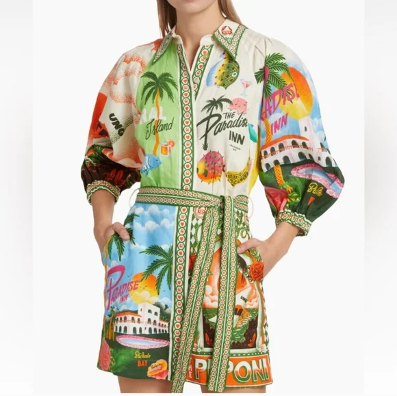 475$ ALEMAIS PARADISO MINI DRESS SIZE 0US Tropical Print Shirt Dress - Picture 3 of 4